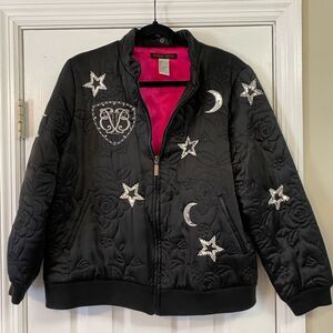 Whimsigoth Grunge Alt 100% Silk Sun,Moon & Stars Beaded Bomber Zip Up Jacket